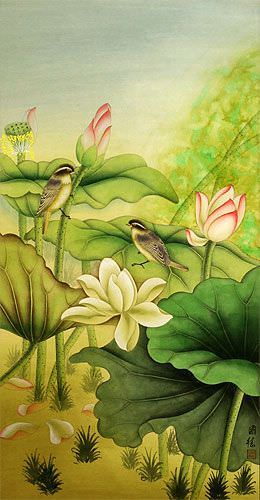 Little Birds and Beautiful Lotus Wall Scroll close up view