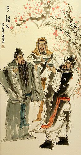 Three Warrior Brothers of China Wall Scroll close up view