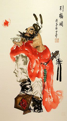 Zhong Kui Brings Blessings - Wall Scroll close up view