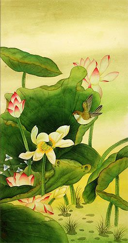 Chinese Birds and Lotus Wall Scroll close up view