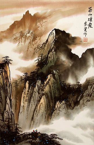 Foggy Mountains of Sichuan - Chinese Landscape Wall Scroll close up view