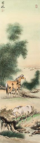 Chinese Horses Wall Scroll close up view