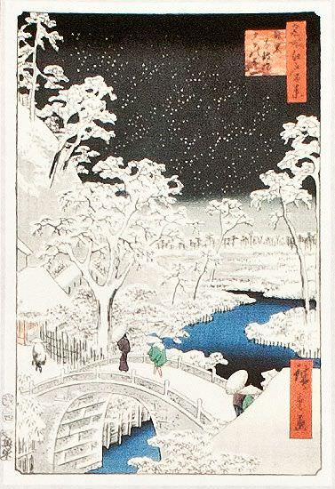 Snowy Bridge Landscape - Japanese Woodblock Print Repro - Wall Scroll close up view