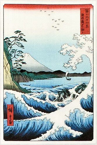 Japanese Wave Woodblock Print Wall Scroll close up view