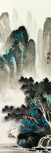 Asian Boat on River Landscape Wall Scroll close up view