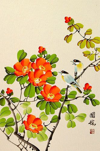 Birds & Flowers Wall Scroll close up view