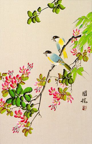 Birds & Flowers Wall Scroll close up view