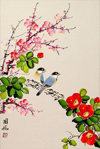 Birds Plum Blossom and Flower Wall Scroll close up view