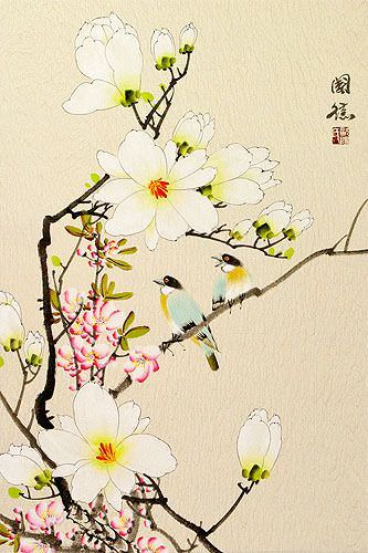 Birds & Flowers White Wall Scroll close up view