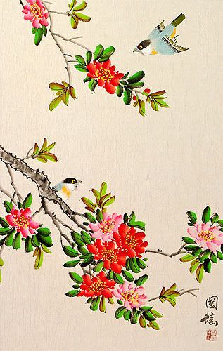 Birds on Flowering Branch Wall Scroll close up view