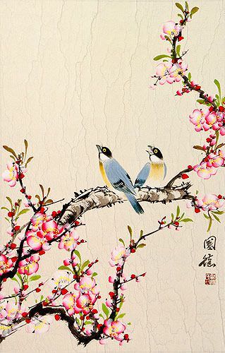 Birds and Flowers - Large Wall Scroll close up view