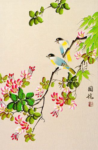 Bird and Flower Chinese Scroll close up view