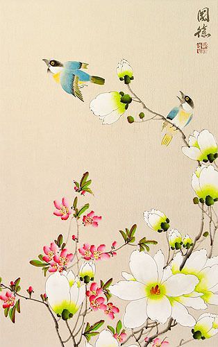 Birds and Flowers Wall Scroll close up view