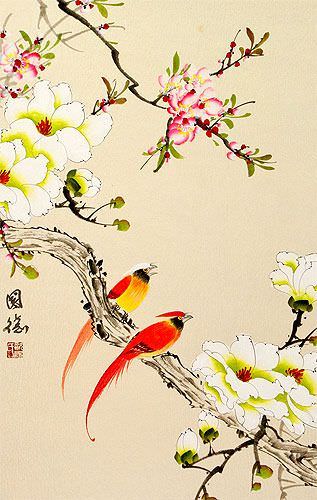 Cardinal Bird and Flower Chinese Scroll close up view