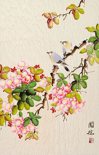 Birds and Flowers Wall Scroll close up view