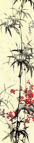 Bamboo and Plum Blossom Wall Scroll close up view