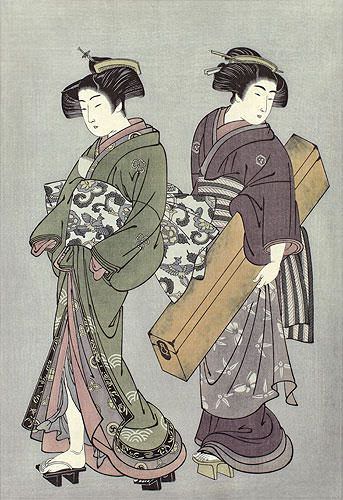 Geisha & Servant Carrying Shamisen - Japanese Print Repro - Large Wall Scroll close up view