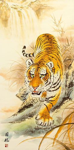 Classic Prowling Chinese Tiger Wall Scroll close up view