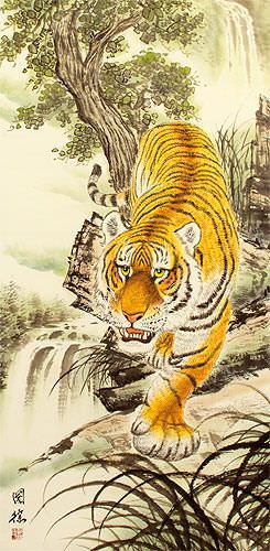 Chinese Tiger Painting - Large Wall Scroll close up view