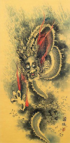 Flying Chinese Dragon - Asian Scroll close up view