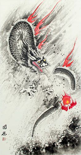 Flying Chinese Dragon & Lightning Pearl - Chinese Scroll close up view