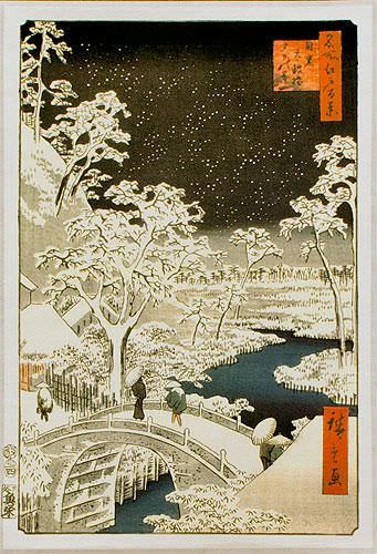Snowy Bridge Landscape - Japanese Woodblock Print Repro - Small Wall Scroll close up view