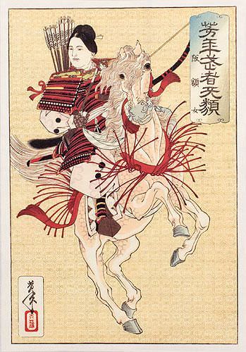 Female Samurai Hangaku - Japanese Woodblock Print Repro - Wall Scroll close up view