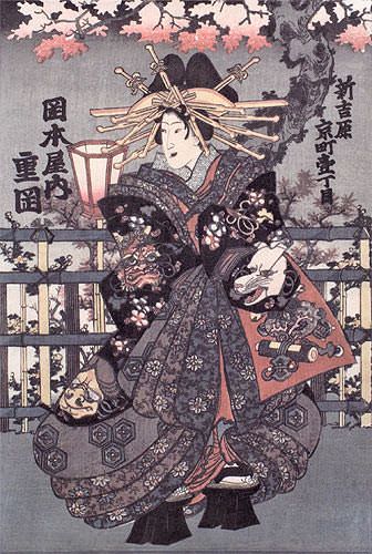 Shigeoka Geisha - Japanese Woodblock Print Repro - Wall Scroll close up view