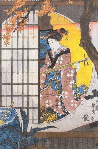 View from the Garden - Japanese Woodblock Print Repro - Wall Scroll close up view