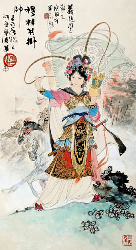 Chinese Female Warrior Mu Guiying Print Wall Scroll close up view