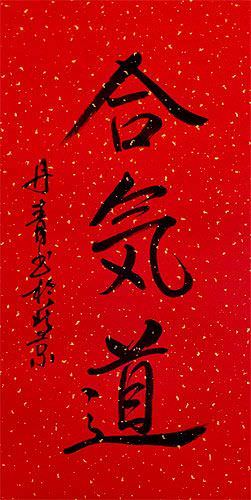 Red Aikido Japanese Kanji Character Wall Scroll close up view