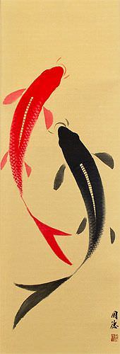 Yin Yang Koi Fish Wall Scroll - Asian Art Bargain Bin - Chinese Artwork