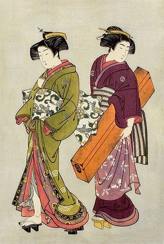 Geisha & Servant Carrying a Shamisen Box - Japanese Print - Wall Scroll close up view