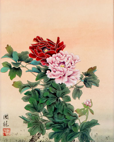 Chinese Peony Flower Wall Scroll close up view