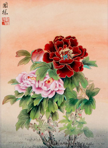 Peony Flower Wall Scroll close up view