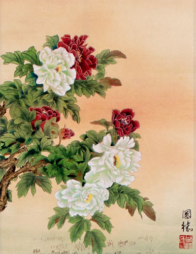 Peony Flowers Wall Scroll close up view