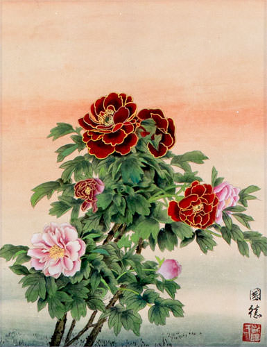 Red & Pink Peony Flower Wall Scroll close up view