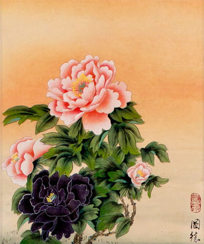 Classic Peony Flowers - Chinese Scroll close up view