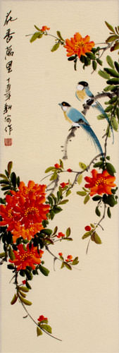 Flower Fragrance Travels Ten Thousand Miles - Bird and Flower Wall Scroll close up view