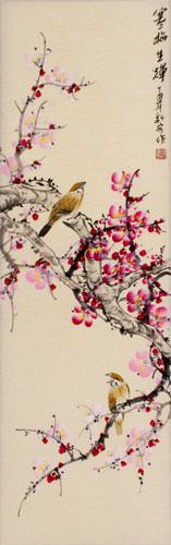 Yellow Birds and Plum Blossoms Wall Scroll close up view