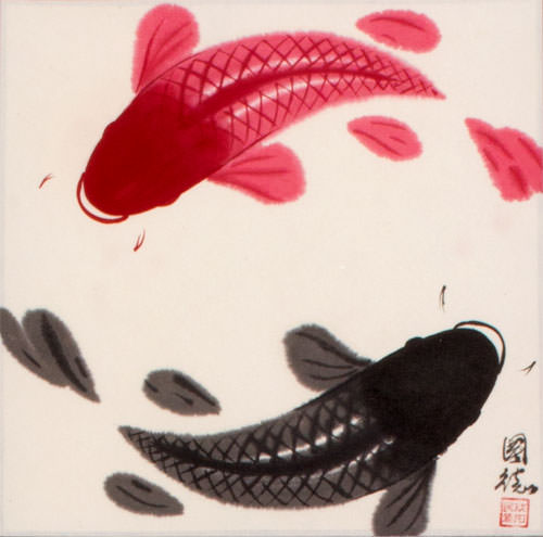 Chinese Yin Yang Fish Silk Wall Scroll close up view