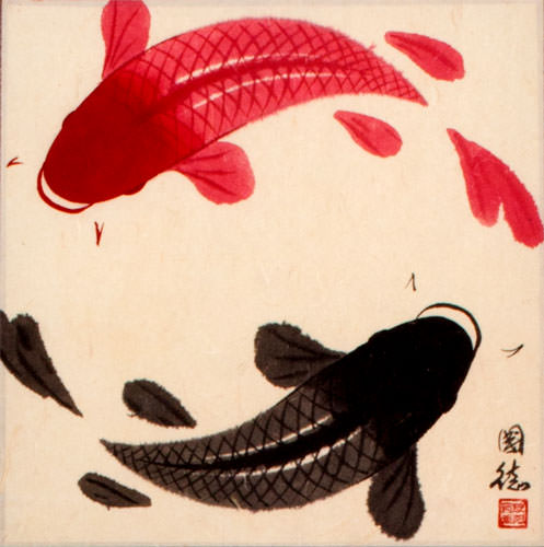 Yin Yang Koi Fish Silk Scroll close up view