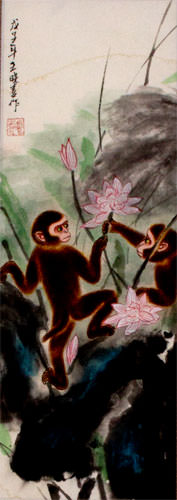 Chinese Monkey - Small Wall Scroll close up view