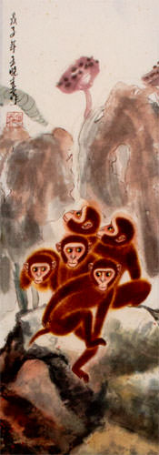 Chinese Monkey Wall Scroll close up view