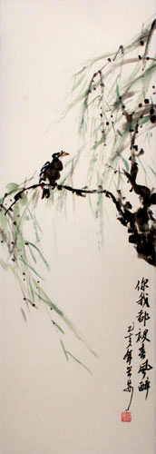 Spring Breeze - Bird on Branch - Wall Scroll close up view