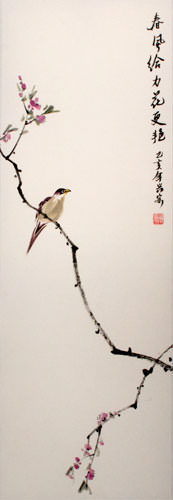 Spring Breeze - Bird on Branch - Wall Scroll close up view