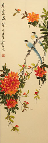 Spring Abundance - Bird and Flower Wall Scroll close up view