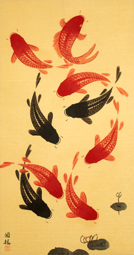 Nine Longevity Koi Fish - Huge Wall Scroll close up view