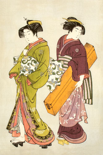 Geisha & Servant Carrying Shamisen - Japanese Print - Jumbo Wall Scroll close up view