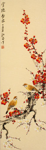 Fragrance of Snow - Chinese Bird and Flower Scroll close up view